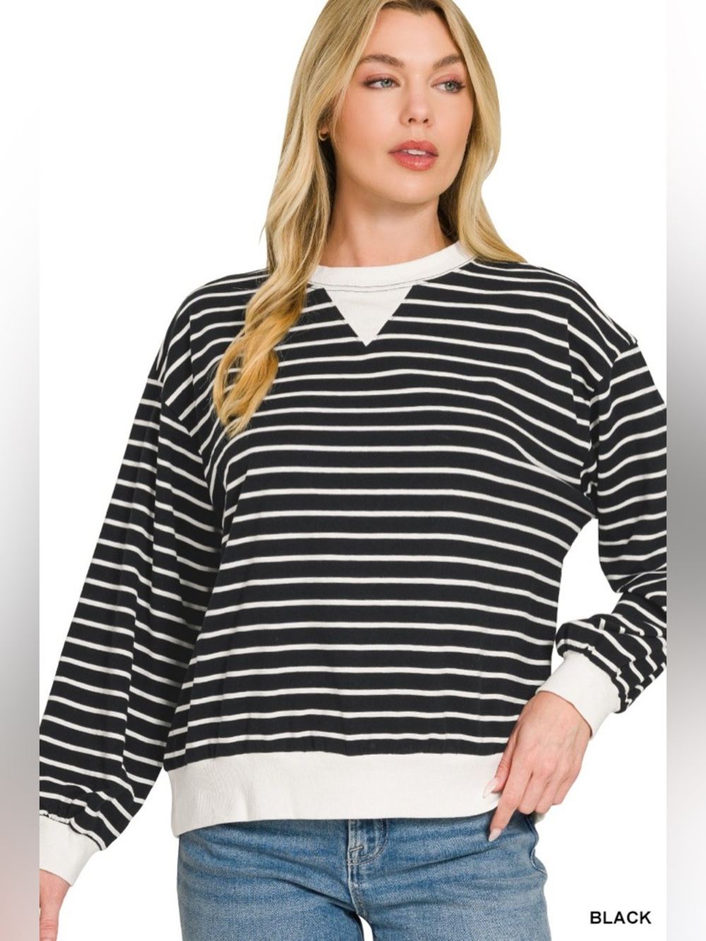 Zenana Striped Rib Banded Sweatshirt